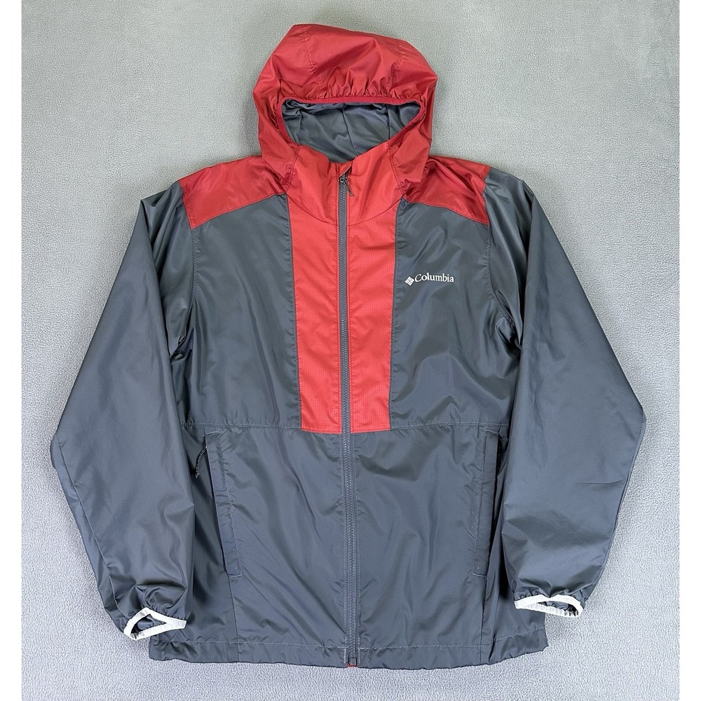 Columbia Jacket Mens Small Grey Red Lightweight Packable Windbreaker Hiking - Picture 1 of 10